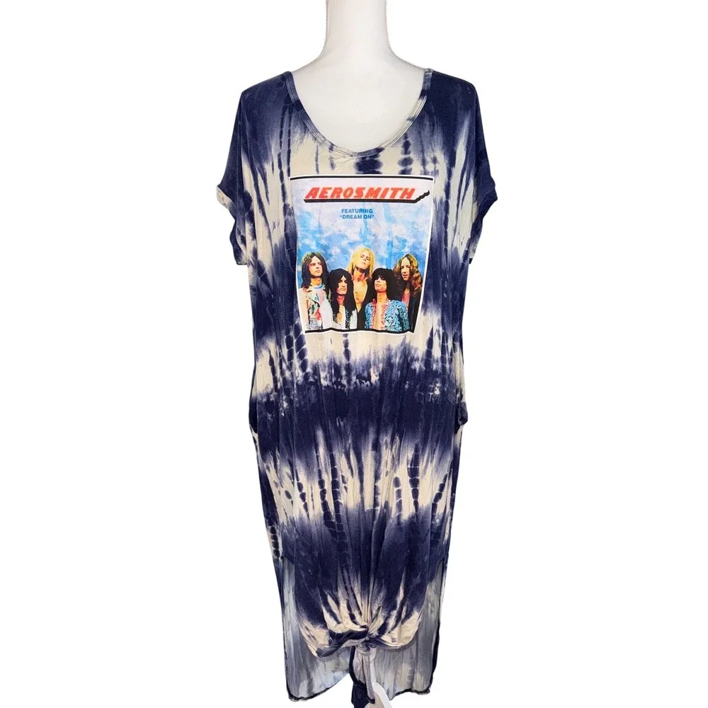 Aerosmith Blue White Tie Dye‎ Rock Bank Long T-Shirt Dress Ladies 2XL